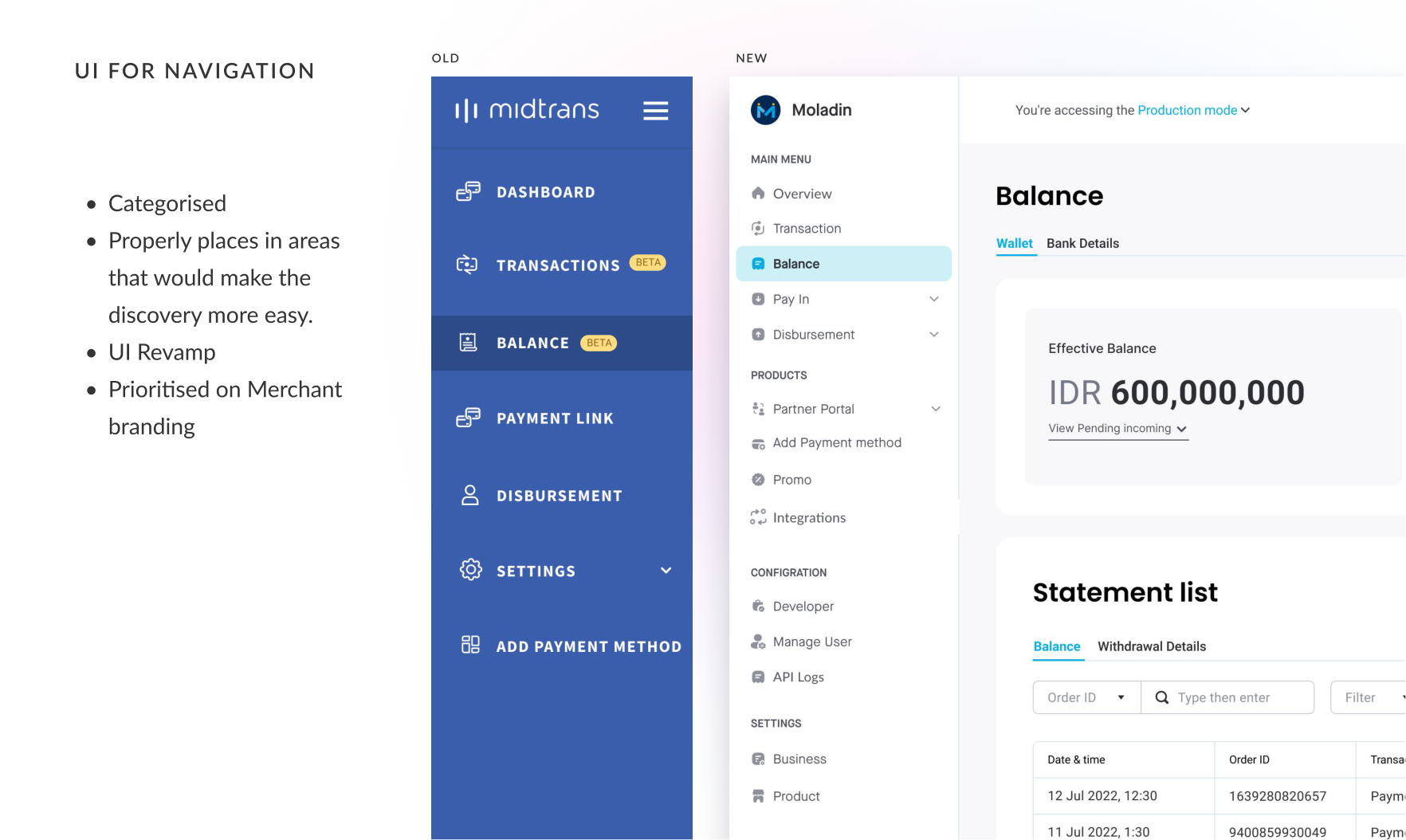 Old vs new categorised navigation