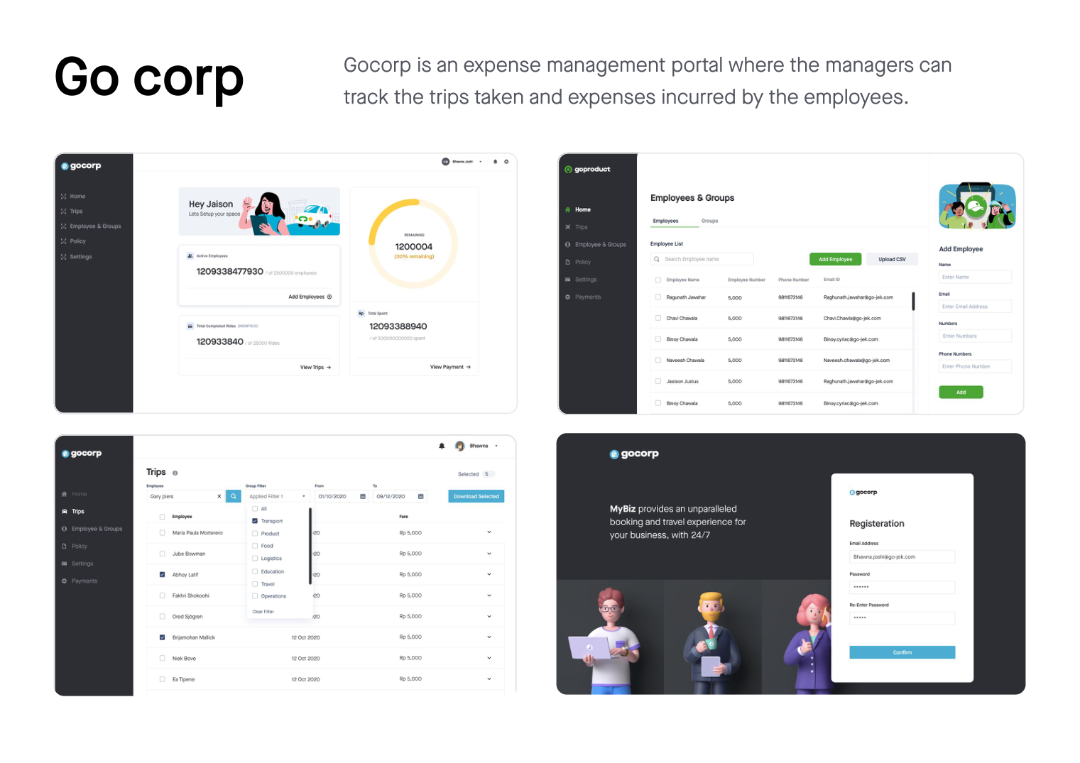 Go Corp screens — dashboard, employees, trips and payments